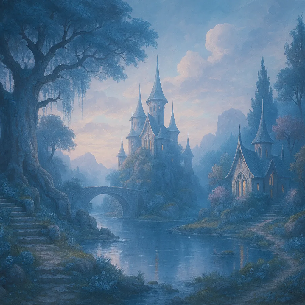 This online jigsaw puzzle features a dreamy fantasy landscape with a fairytale castle set beside a tranquil river, perfect for lovers of nature and storybook sc