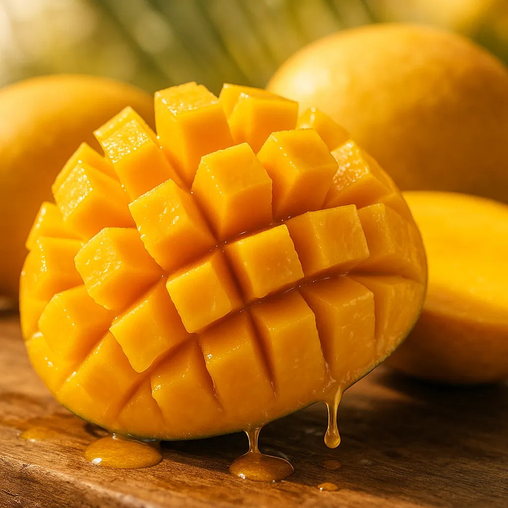 Enjoy an online jigsaw puzzle designed for browser play, featuring a close-up of ripe mangoes and vibrant food photography that looks mouthwatering on screen.