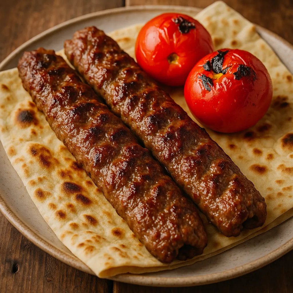 Enjoy an online jigsaw puzzle designed for browser play, featuring a delicious food scene of grilled kebabs and roasted tomatoes on flatbread.
