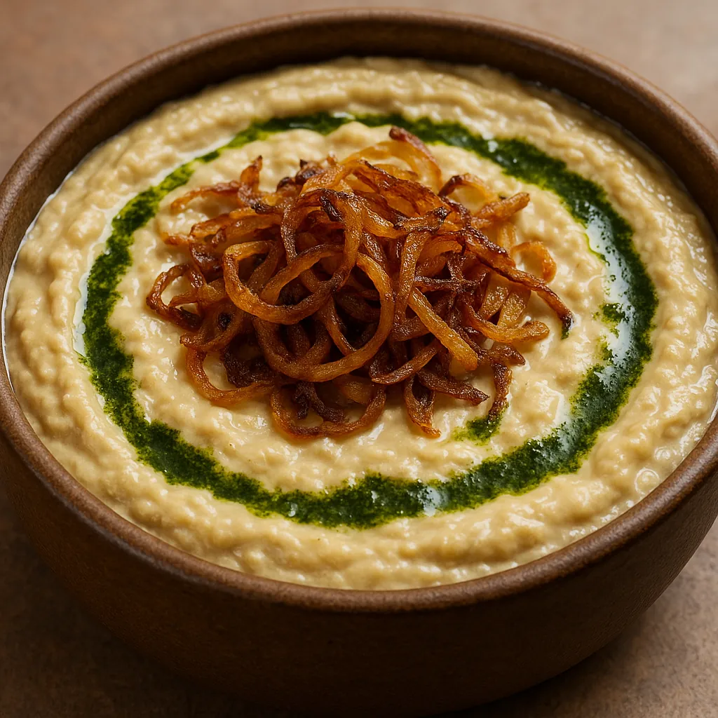 This online jigsaw puzzle features a close-up food scene of a creamy dip topped with crisp fried onions and a ring of green herb oil.