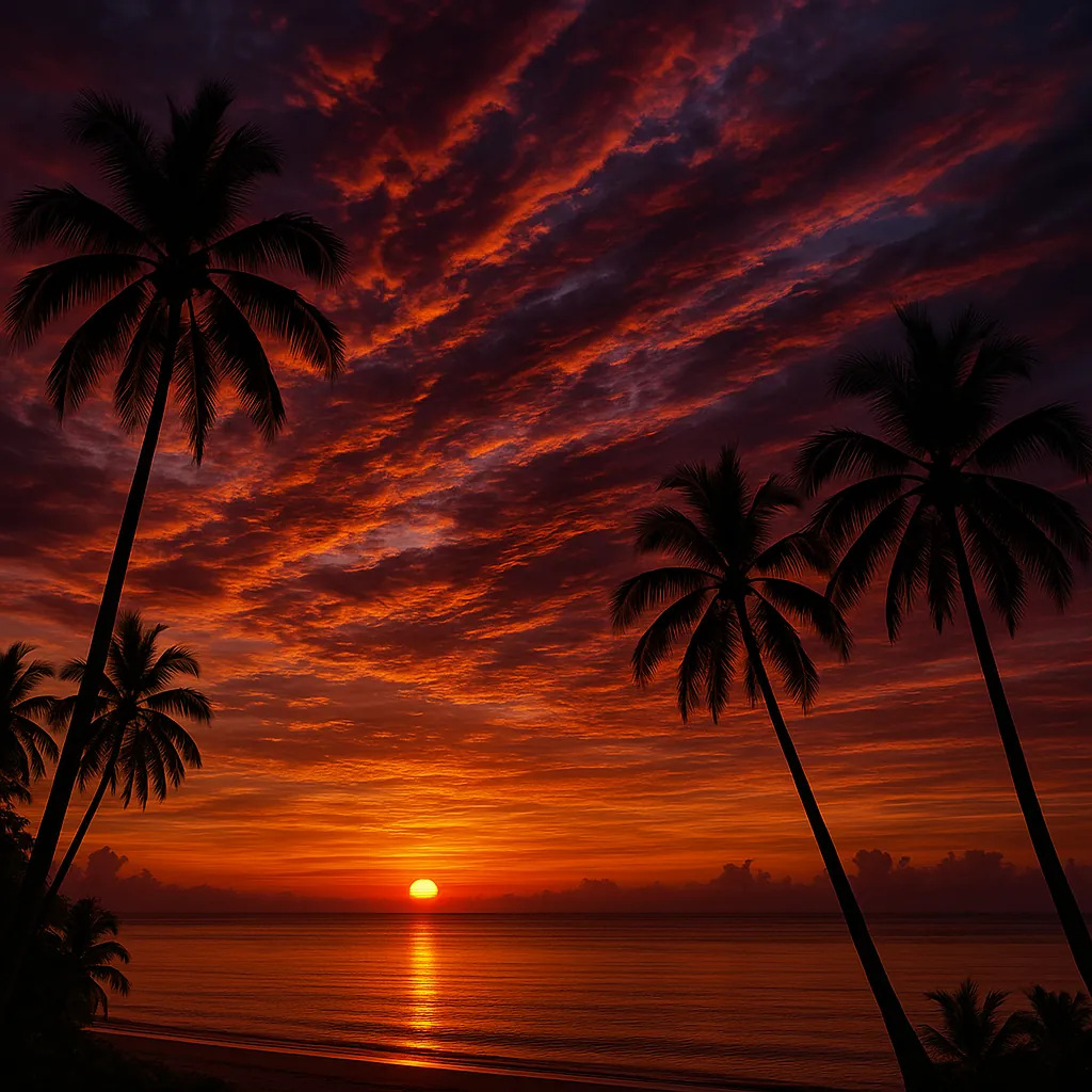 This online jigsaw puzzle features a breathtaking tropical sunset over the ocean, perfect for nature and beach lovers to enjoy in the browser.