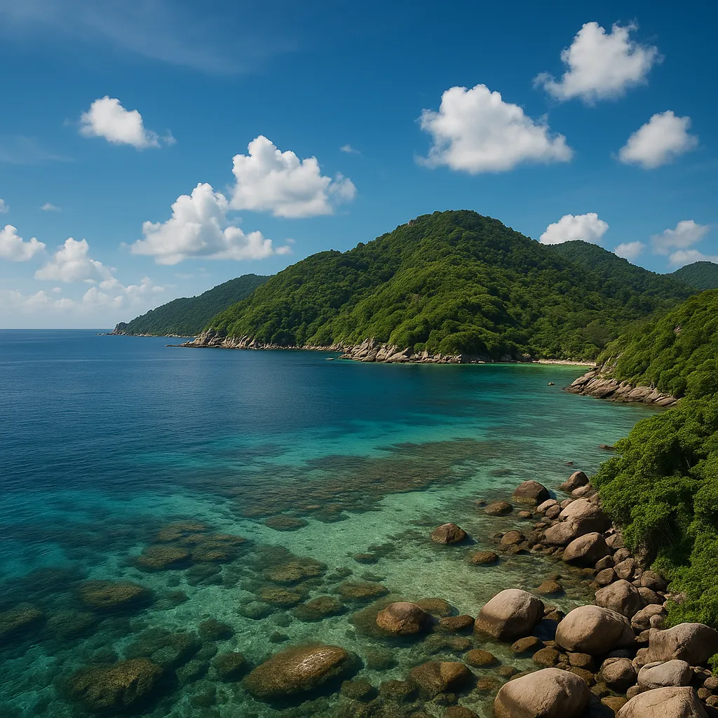 Enjoy an online jigsaw puzzle designed for browser play, featuring a serene coastal nature scene with vivid sea and forested hills.