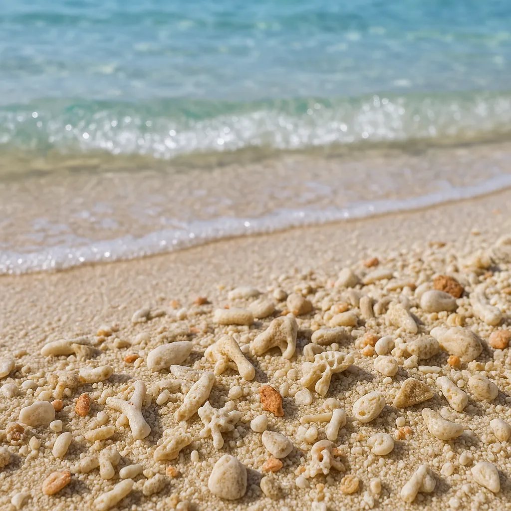 Enjoy an online jigsaw puzzle designed for browser play, featuring a close-up coastal scene of coral fragments scattered on warm sand beside a turquoise sea.