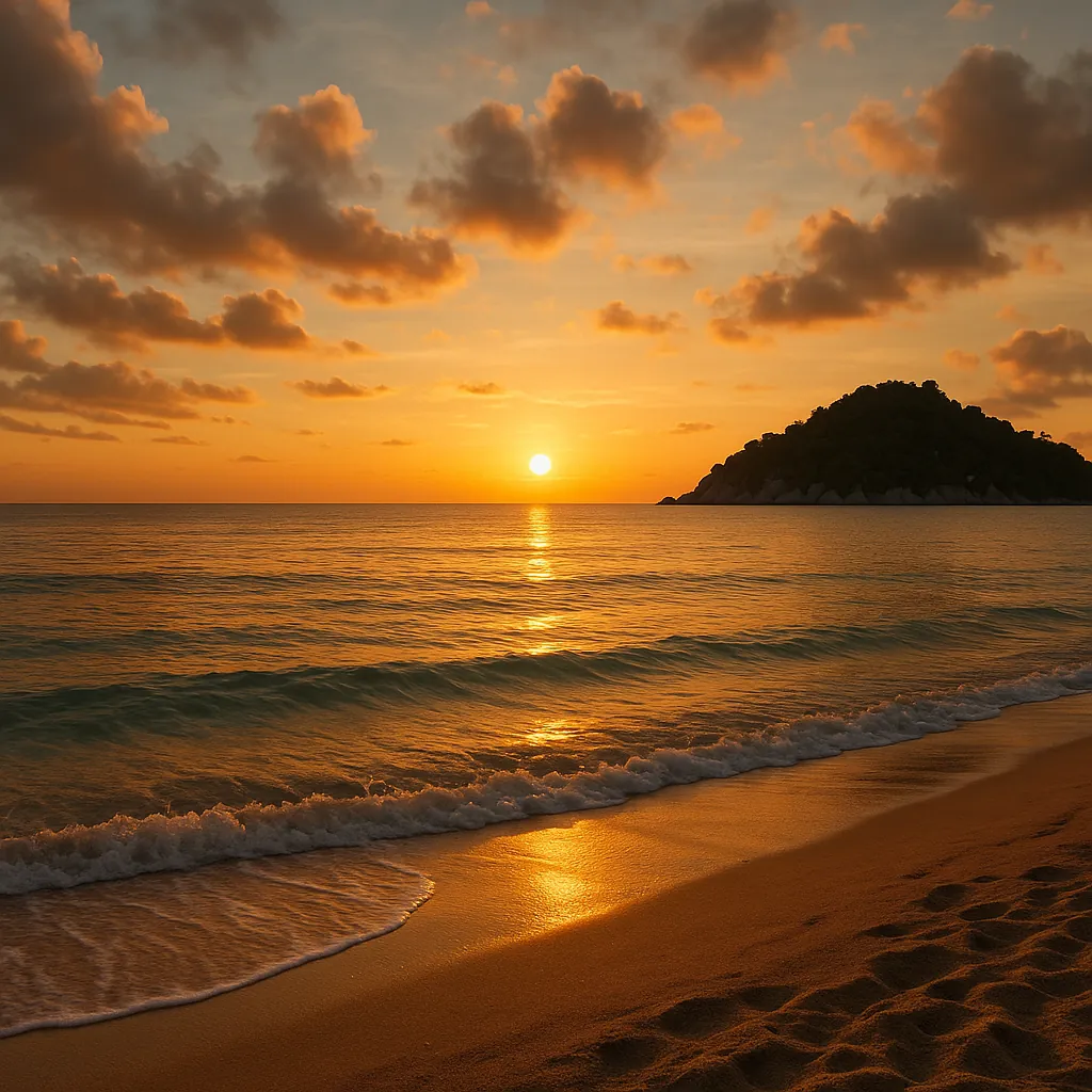 Enjoy an online jigsaw puzzle designed for browser play, featuring a serene sunset beach scene from nature and seascape photography.