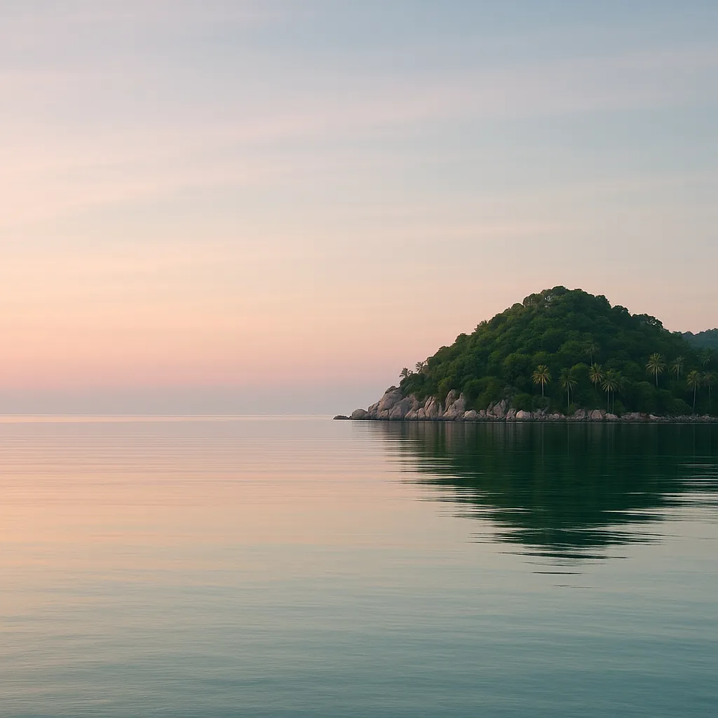 Enjoy an online jigsaw puzzle designed for browser play, featuring a tranquil nature scene of a small, tree-covered island set against a pastel seascape.