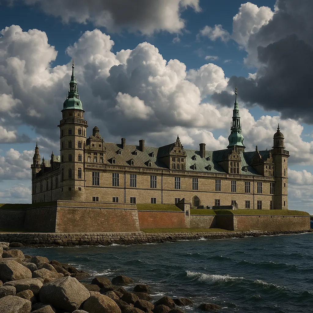 Enjoy an online jigsaw puzzle designed for browser play, featuring a dramatic coastal castle and its turrets framed against a sky full of rolling clouds.