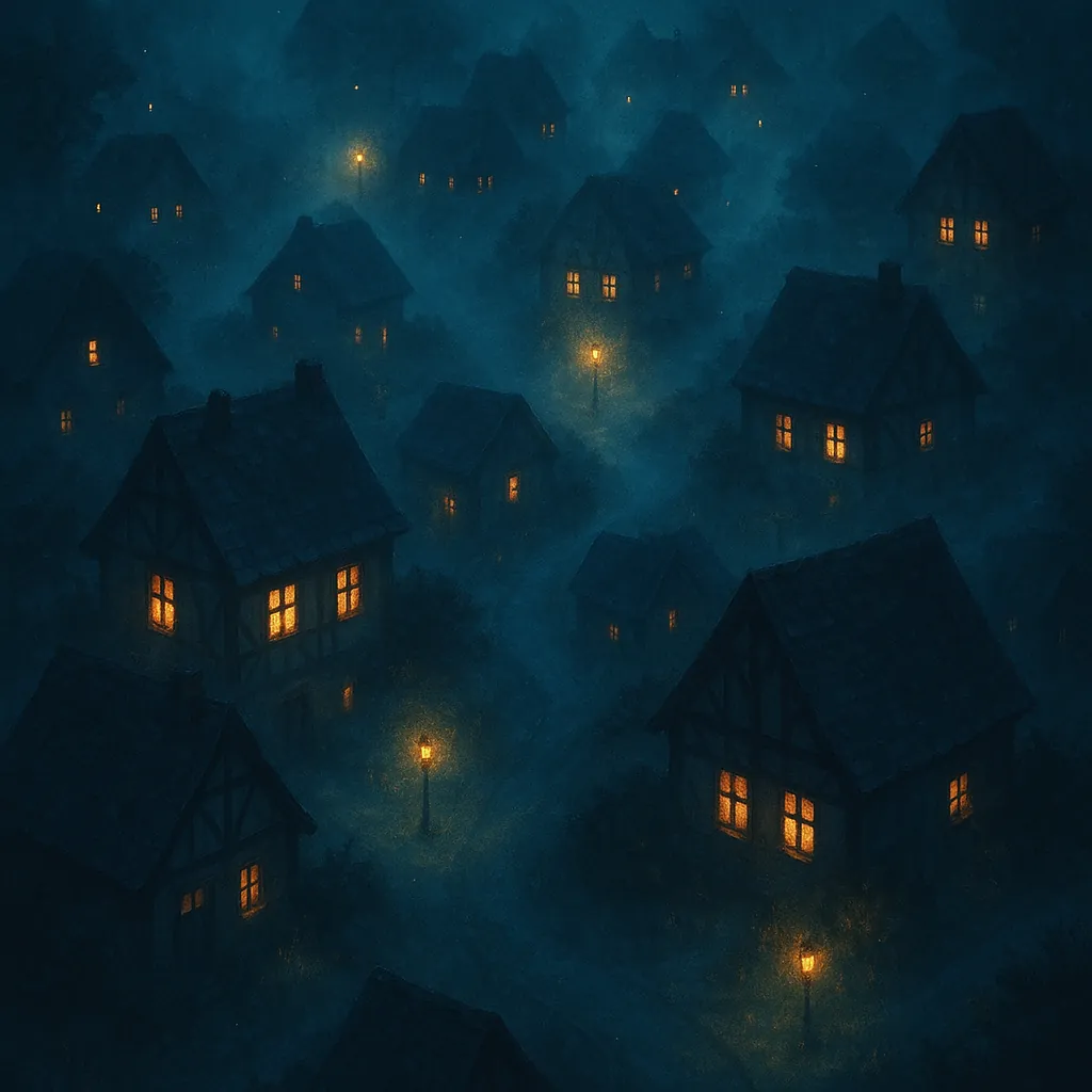 Play an online jigsaw puzzle in your browser that shows a misty, lantern-lit village at night — a cozy, atmospheric scene of timbered houses and winding lanes.