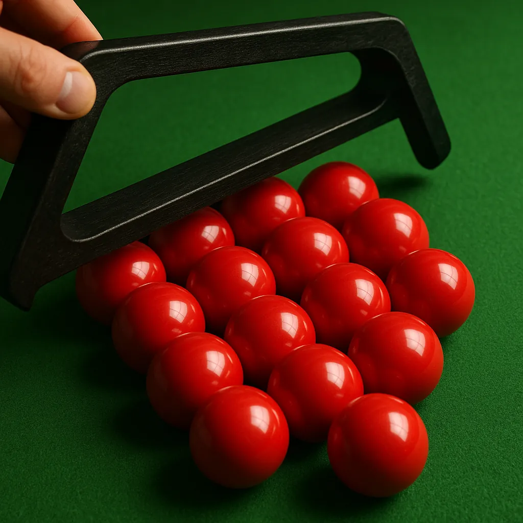 This online jigsaw puzzle features a close-up of a billiards rack ready for play, perfect for fans of sports and games.