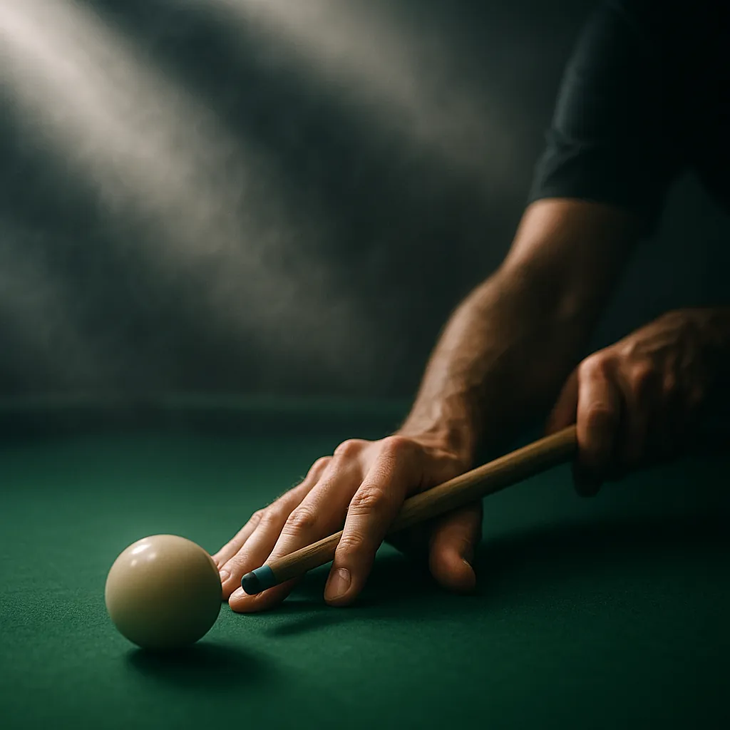 Enjoy an online jigsaw puzzle designed for browser play, featuring a close-up billiards scene that centers on a cue, a cue ball, and a steady hand.