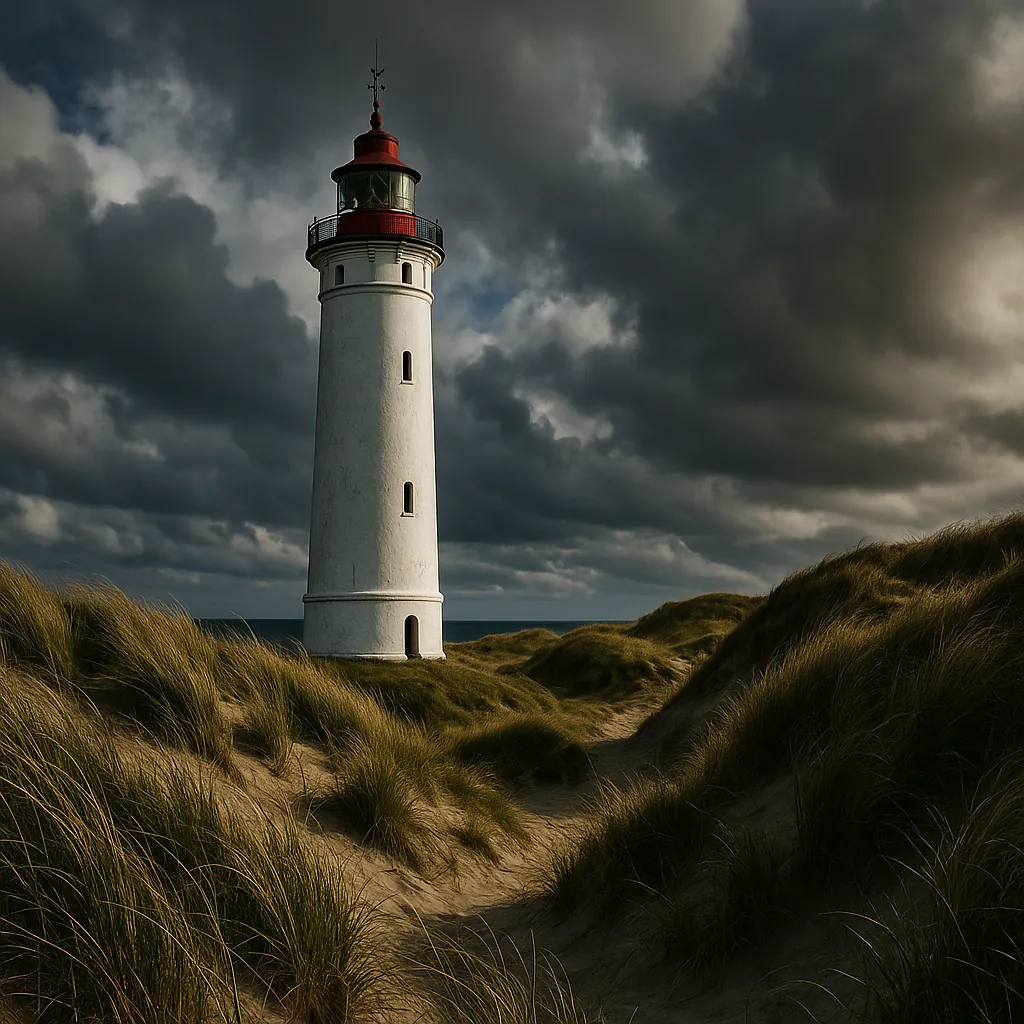 Enjoy an online jigsaw puzzle designed for browser play, featuring a dramatic coastal landscape with a classic lighthouse standing tall among windswept dunes.