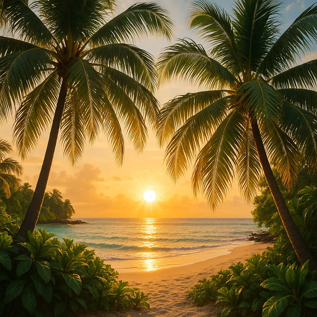 Enjoy an online jigsaw puzzle designed for browser play, featuring a tranquil tropical beach at sunset and a lush nature scene.