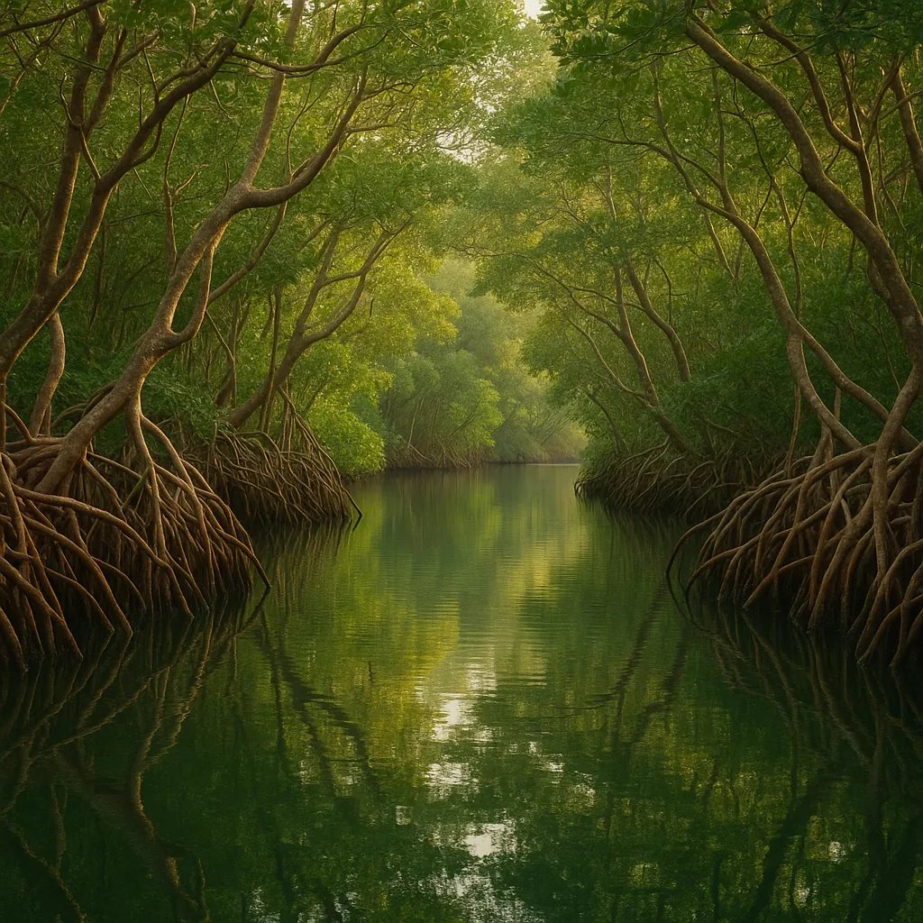 Enjoy an online jigsaw puzzle designed for browser play, featuring a serene mangrove forest scene.