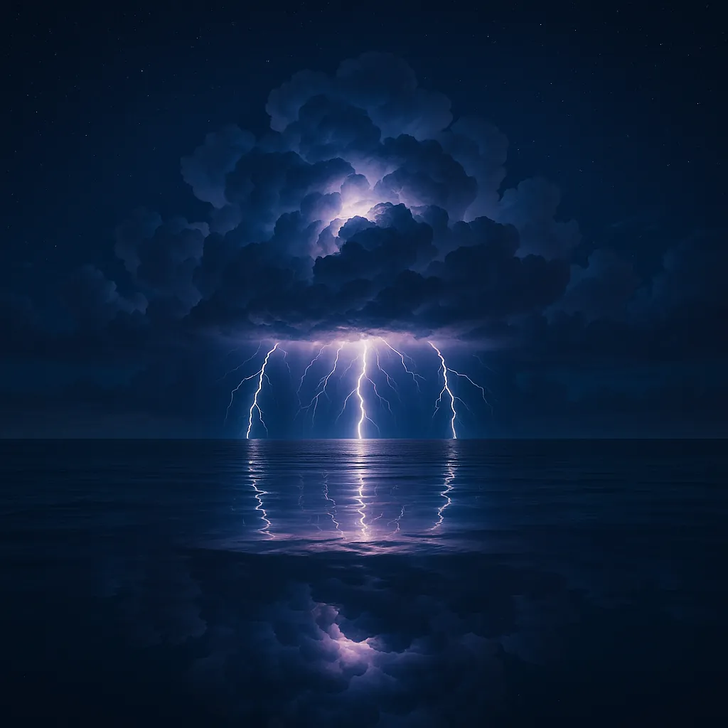 Enjoy an online jigsaw puzzle designed for browser play, featuring a dramatic nature scene of a nighttime thunderstorm over the sea.