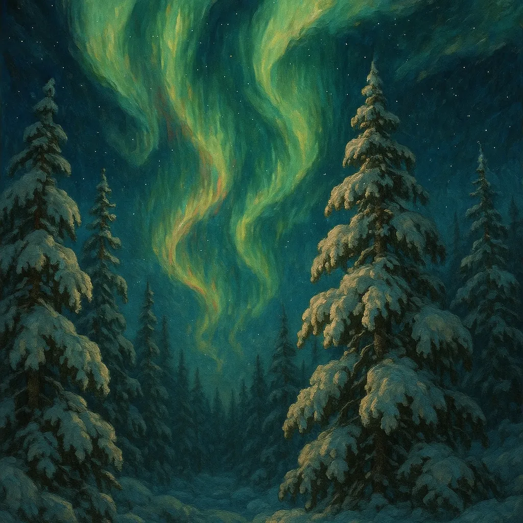 Enjoy an online jigsaw puzzle designed for browser play, featuring a tranquil winter nature scene beneath a glowing aurora.