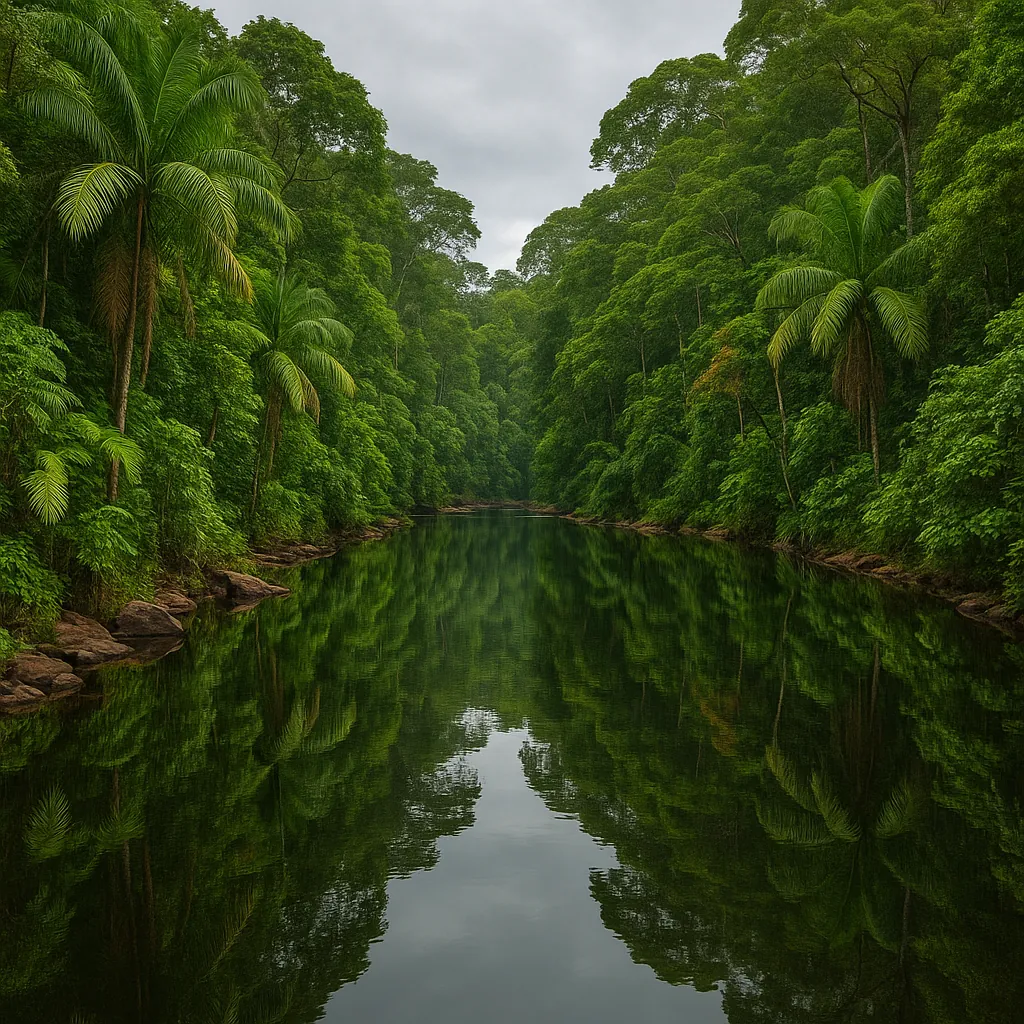 Enjoy an online jigsaw puzzle designed for browser play, featuring a lush nature scene of a tropical river flanked by dense rainforest.
