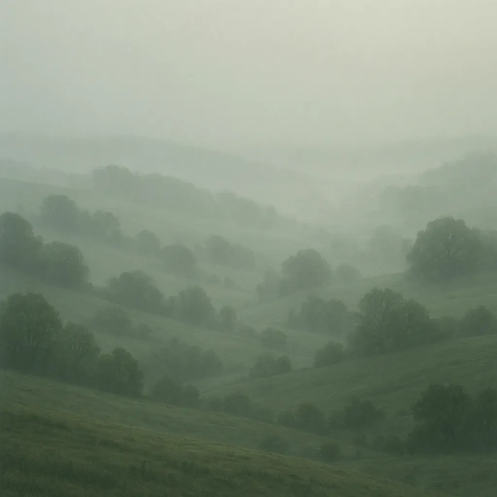 Enjoy an online jigsaw puzzle designed for browser play, featuring a misty countryside landscape that celebrates nature and peaceful rolling hills.