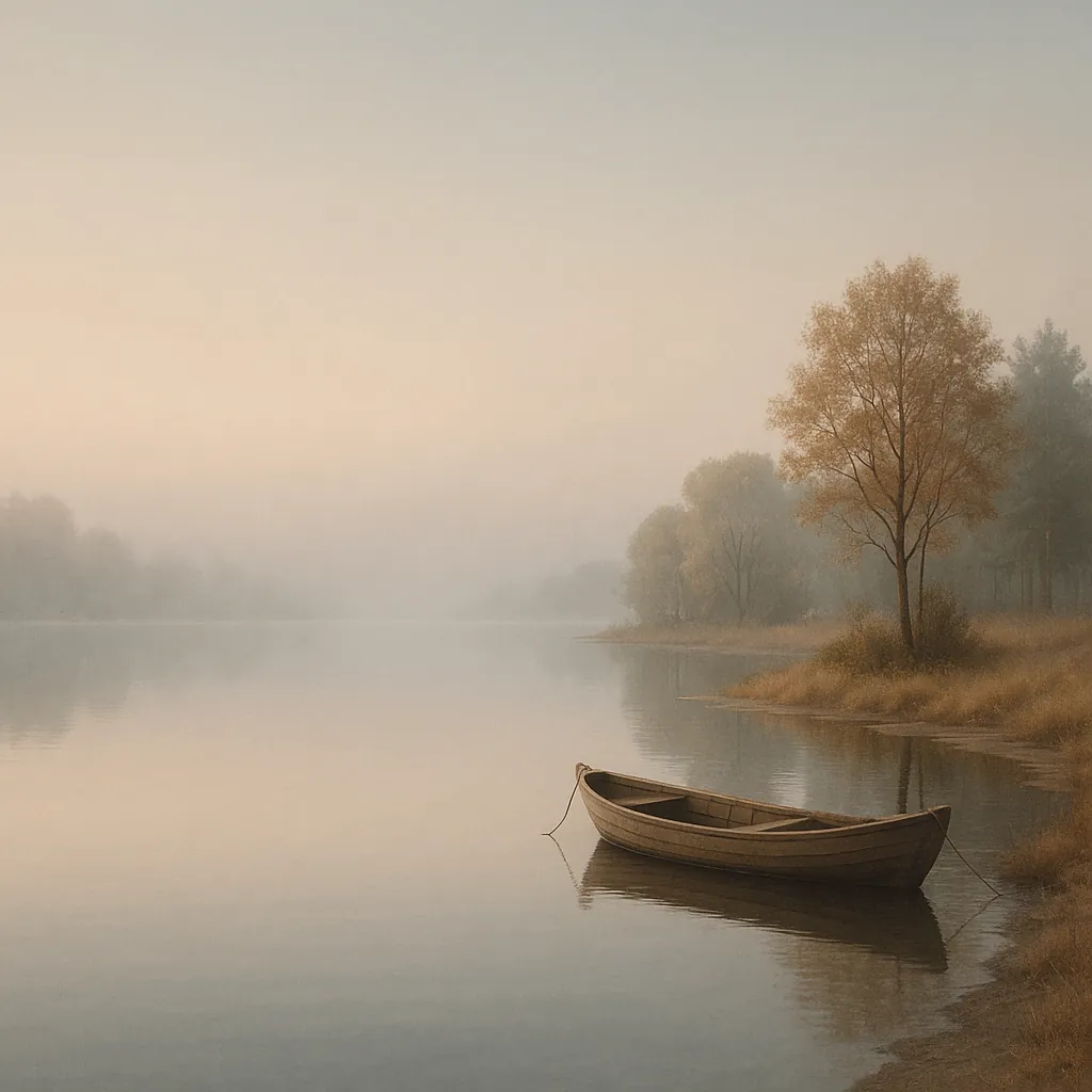 Enjoy an online jigsaw puzzle designed for browser play, featuring a tranquil lakeside nature scene with a lone wooden rowboat moored at the shore.