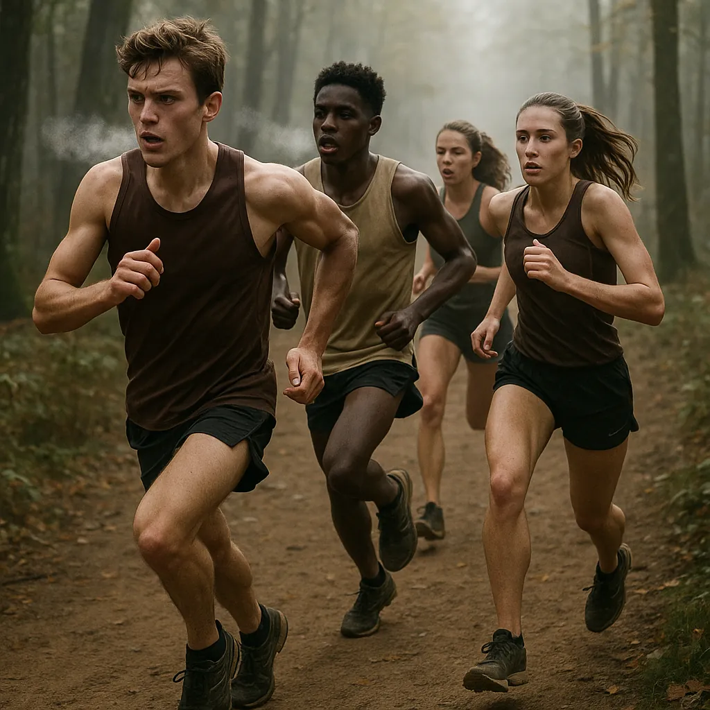 Enjoy an online jigsaw puzzle designed for browser play, featuring a lively outdoor sports scene with runners in a misty forest.