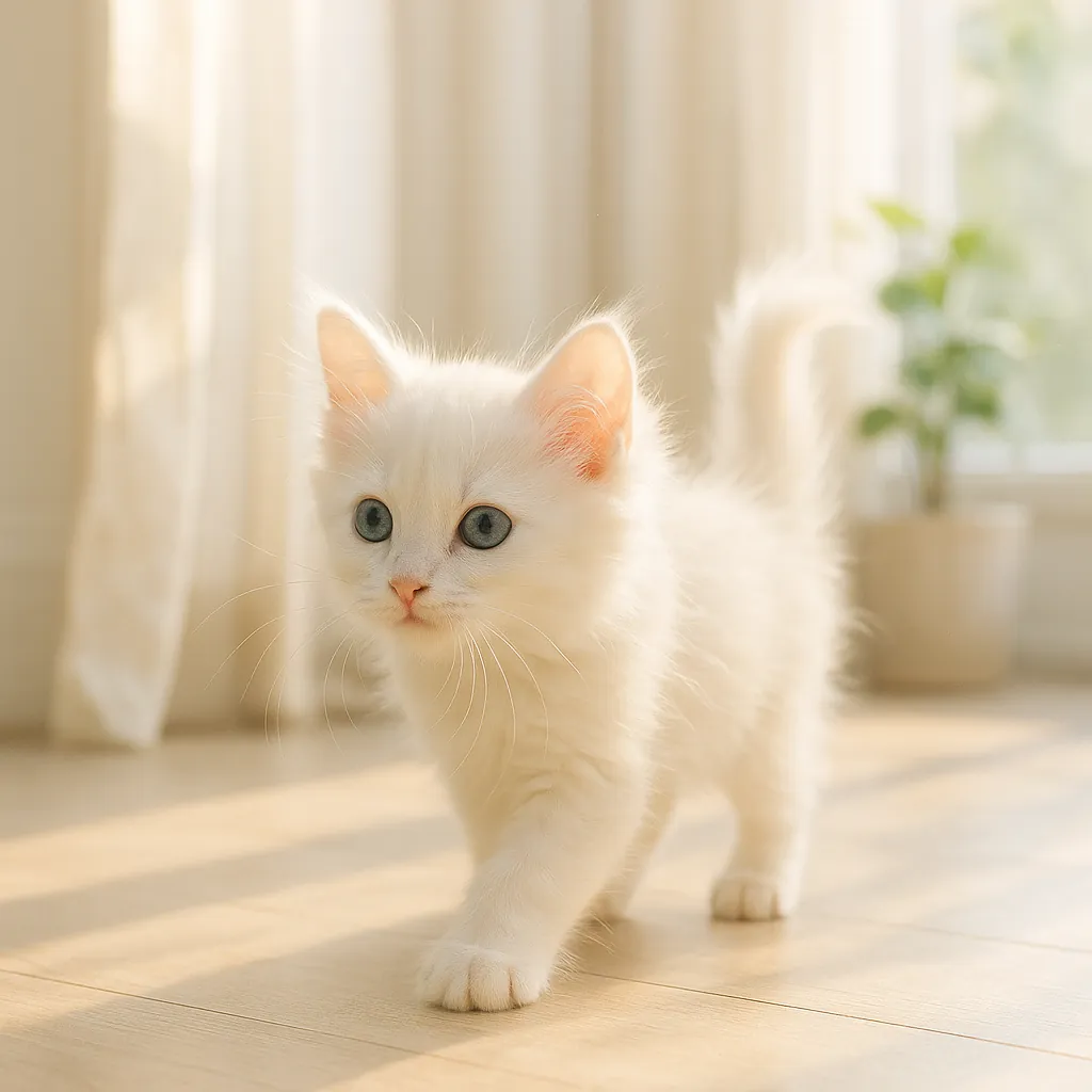 Play an online jigsaw puzzle in your browser that shows an adorable white kitten in a cozy indoor scene, perfect for animal and pet lovers.