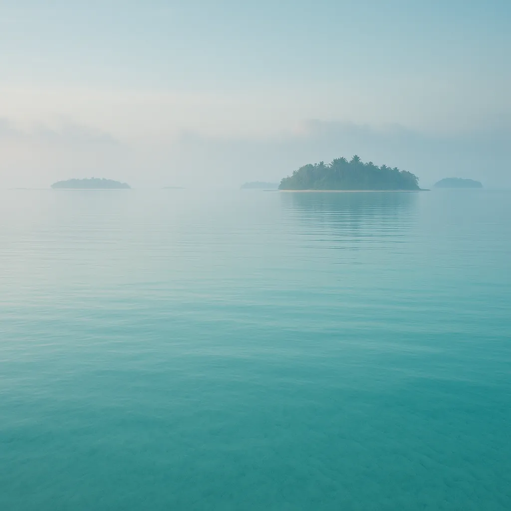 This online jigsaw puzzle features a tranquil seascape with small tropical islands and soft morning mist, designed for soothing browser play.