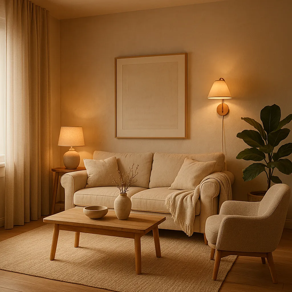This online jigsaw puzzle features a cozy living room scene you can play right in your browser, centered on warm home interior styling and calm, neutral tones.