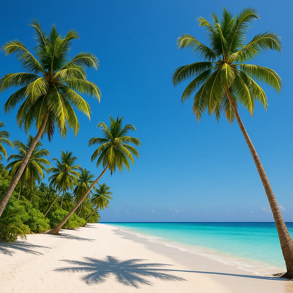 Enjoy an online jigsaw puzzle designed for browser play, featuring a sun-drenched tropical beach scene with swaying palms and crystal-clear water.