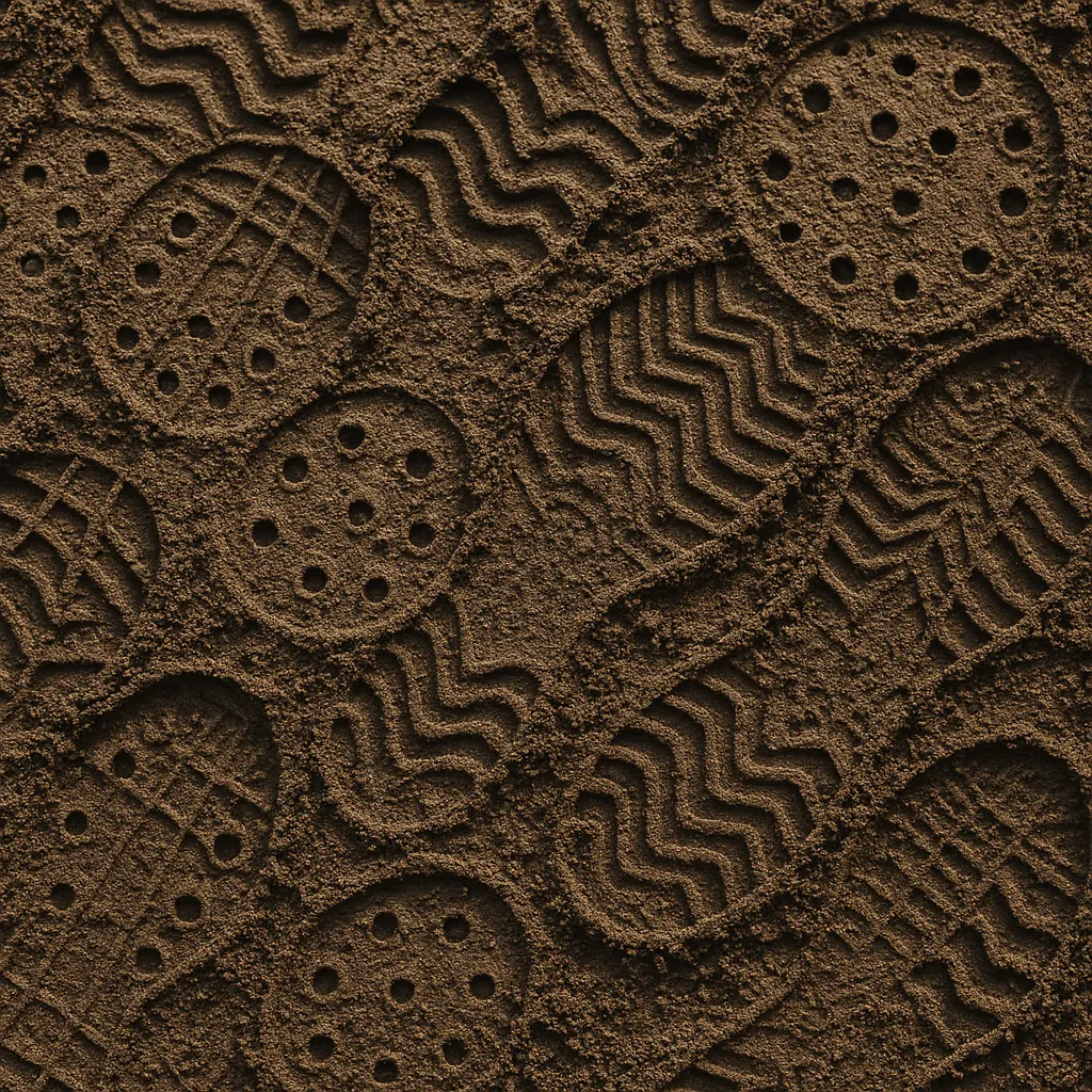 Enjoy an online jigsaw puzzle designed for browser play, featuring earthy outdoor textures and a close-up of shoe sole imprints pressed into sand.
