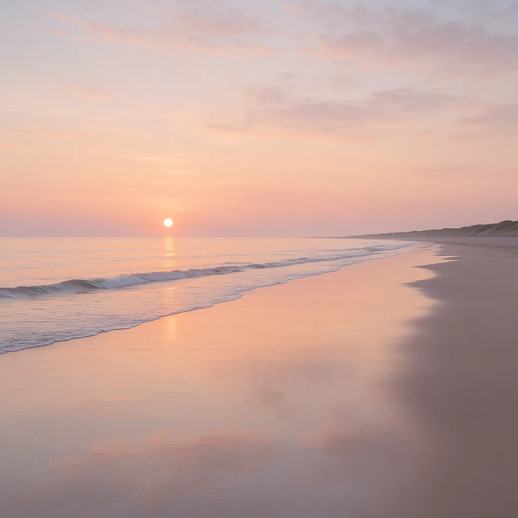 Enjoy an online jigsaw puzzle designed for browser play, featuring a tranquil beach sunset in a soft pastel palette.