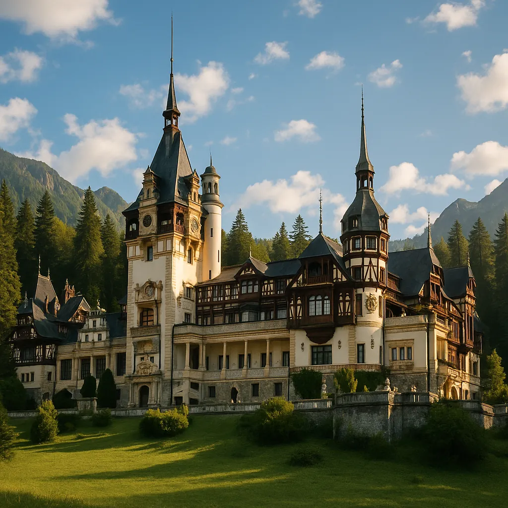 Enjoy an online jigsaw puzzle designed for browser play, featuring a grand mountain castle set against a backdrop of forested peaks and open green lawns.
