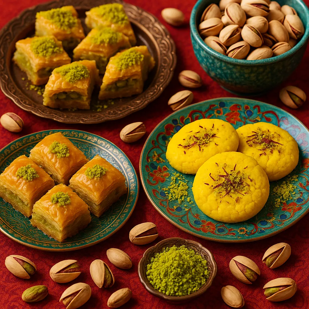 Enjoy an online jigsaw puzzle designed for browser play, featuring a colorful array of Middle Eastern sweets and pistachios that celebrate food and culture.