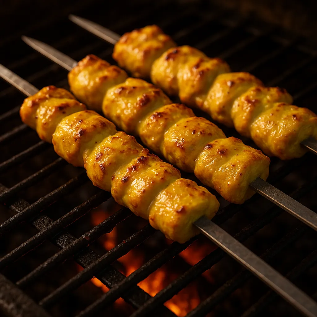 This online jigsaw puzzle features a close-up of golden grilled skewers, perfect for food lovers who enjoy mouthwatering culinary scenes.