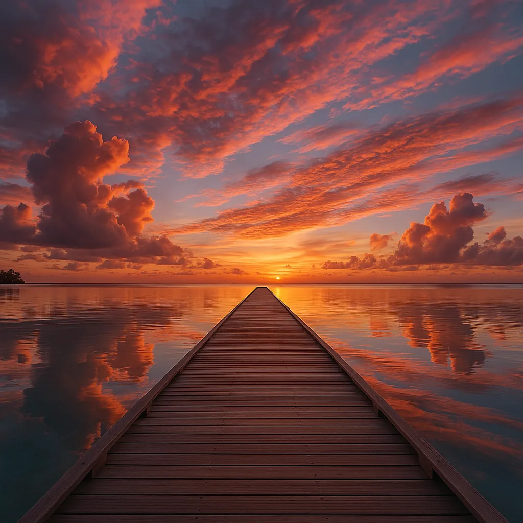 Enjoy an online jigsaw puzzle designed for browser play, featuring a striking sunset over a tranquil sea and a wooden jetty leading toward the horizon.