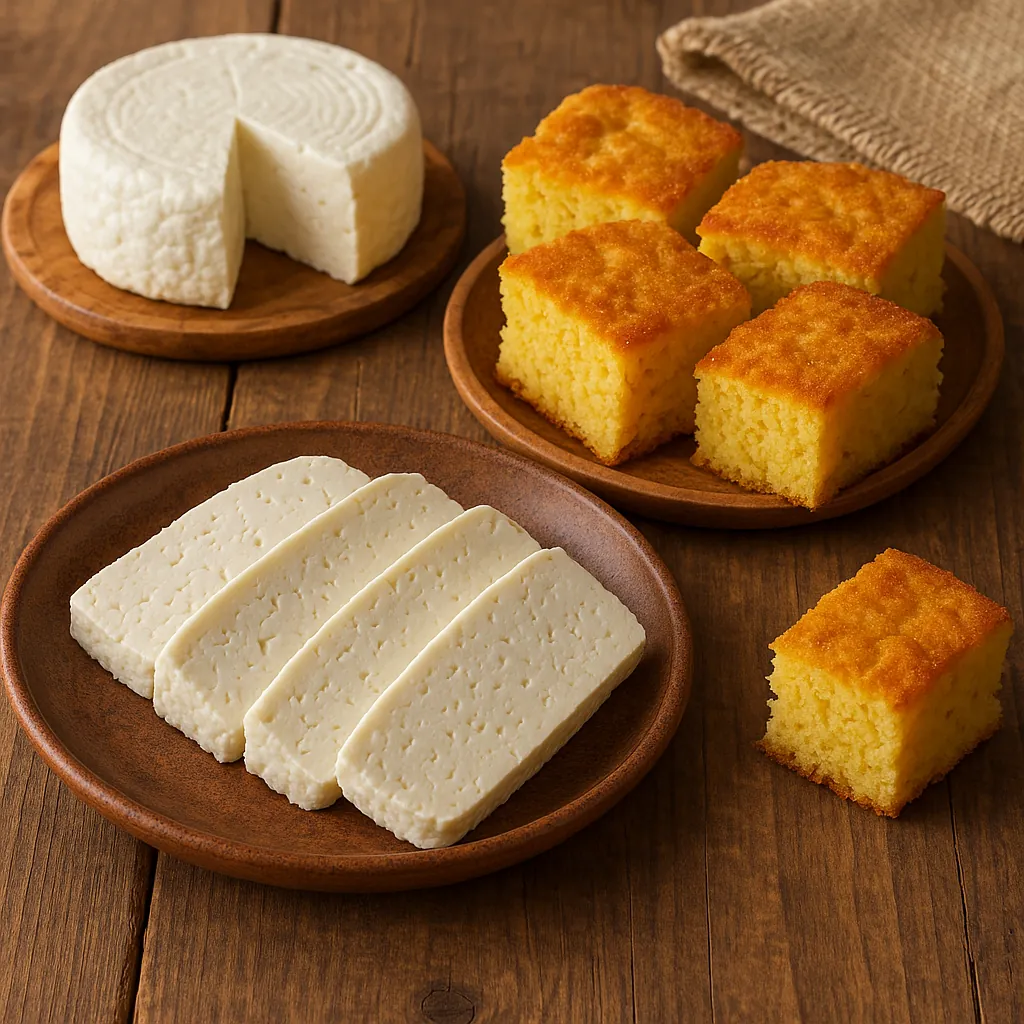 Enjoy an online jigsaw puzzle designed for browser play, featuring a warm, rustic food scene of cheeses and golden cornbread.