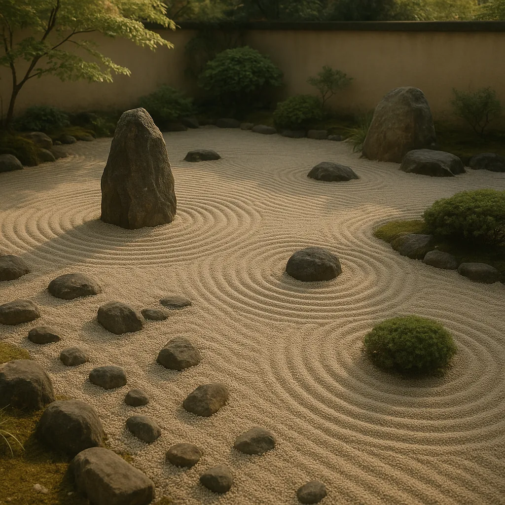 Enjoy an online jigsaw puzzle designed for browser play, featuring a serene Japanese rock garden that celebrates nature and meditative design.