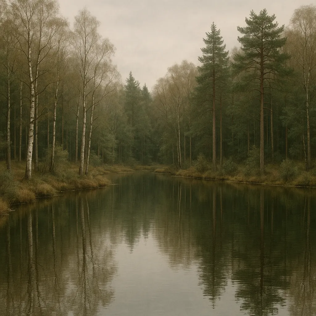 This online jigsaw puzzle features a tranquil nature scene of a misty river flowing through a quiet forest, perfect for browser play.