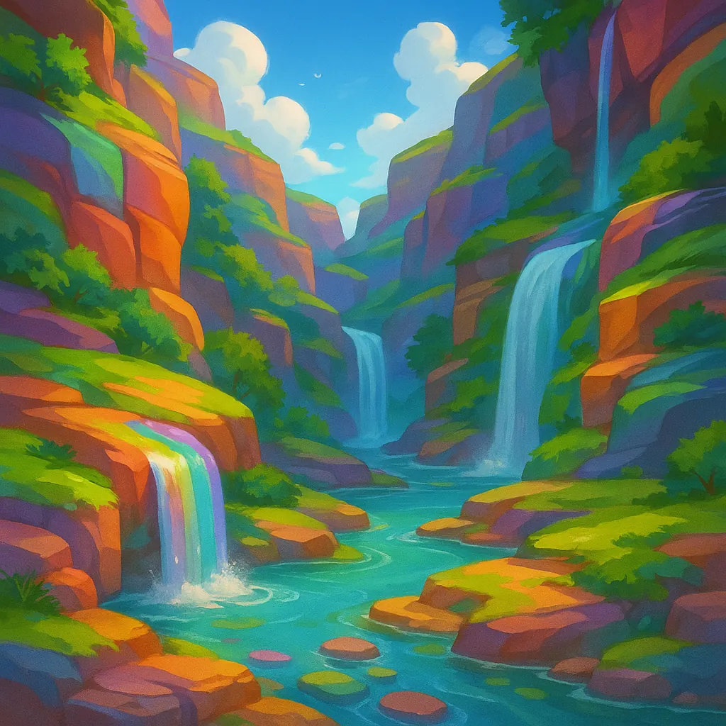 Enjoy an online jigsaw puzzle designed for browser play, featuring a vibrant nature scene of cascading waterfalls set in a sunlit canyon.