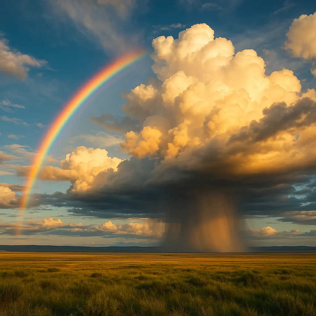 Enjoy an online jigsaw puzzle designed for browser play, featuring a dramatic nature scene of a rainbow arching over storm clouds.
