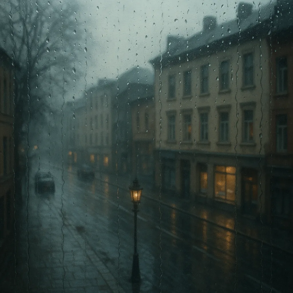 Enjoy an online jigsaw puzzle designed for browser play, featuring a rainy city street seen through a window.