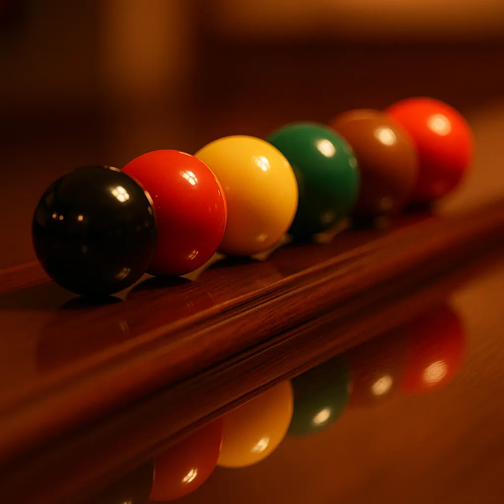 Enjoy an online jigsaw puzzle designed for browser play, featuring a close-up of colorful billiard balls lined up on a polished wooden rail — a charming game- a