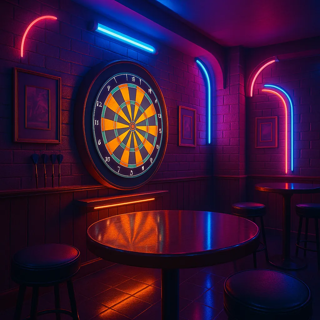 Enjoy an online jigsaw puzzle designed for browser play, featuring a moody bar interior centered on a classic dartboard and glowing neon accents.