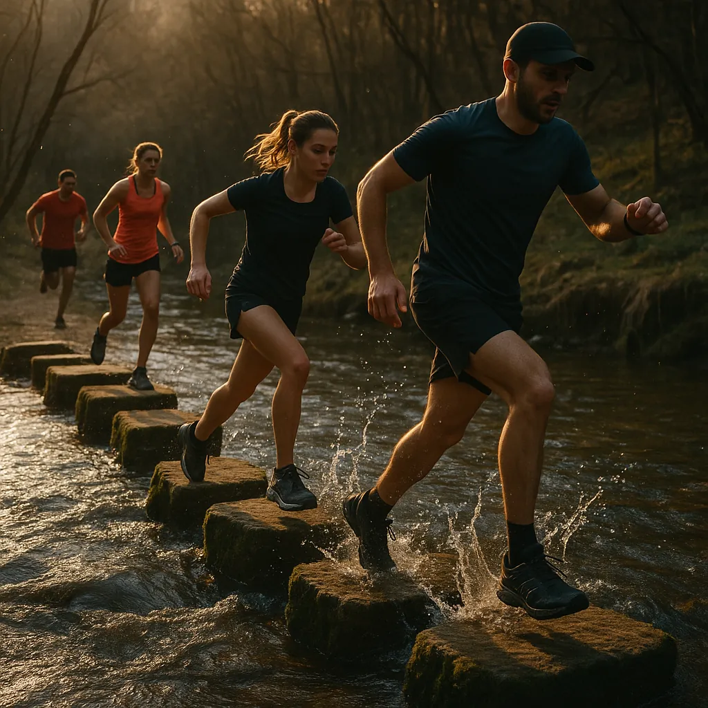 Enjoy an online jigsaw puzzle designed for browser play, featuring an outdoor sports scene of trail runners crossing a shallow river on mossy stepping stones.