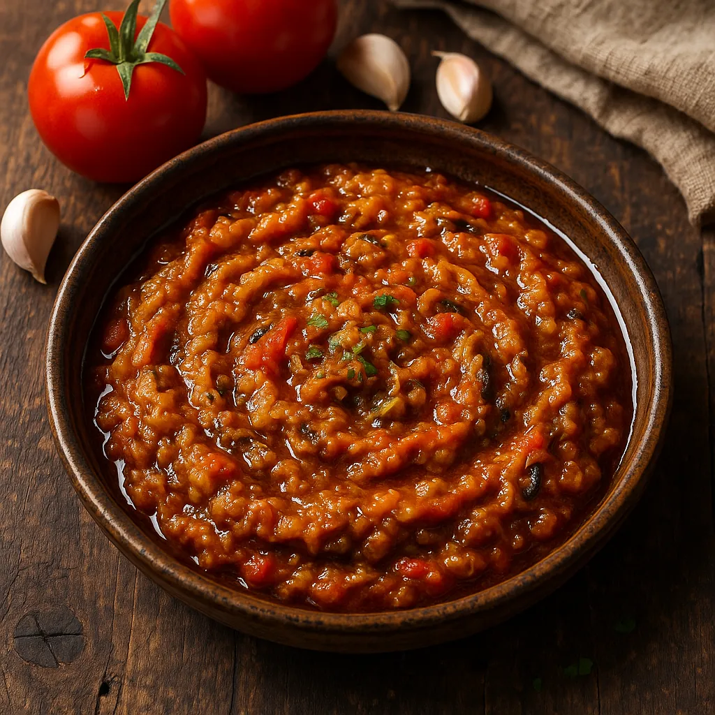 Enjoy an online jigsaw puzzle designed for browser play, featuring a close-up food scene of a rustic bowl filled with rich tomato sauce.