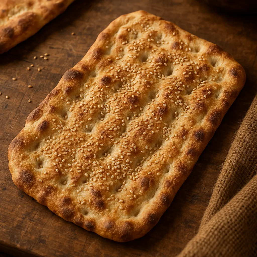 Enjoy an online jigsaw puzzle designed for browser play, featuring a close-up of rustic flatbread sprinkled with sesame seeds — a delicious food-themed scene.