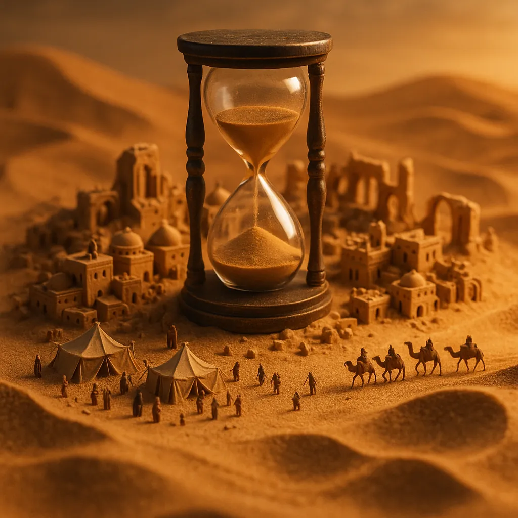 This online jigsaw puzzle features a warm, desert-themed scene that blends time and miniature architecture into a captivating browser-friendly image.