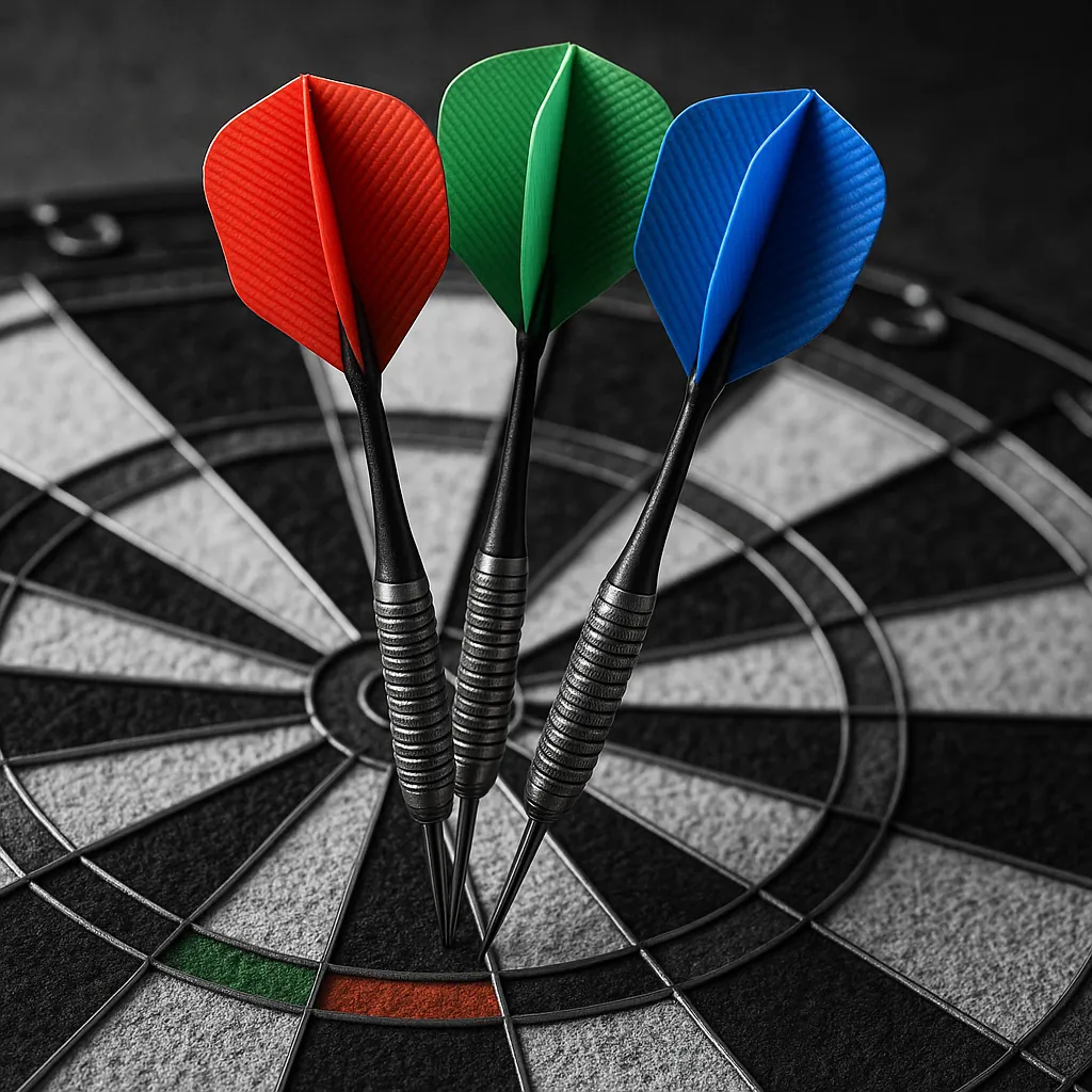 Enjoy an online jigsaw puzzle designed for browser play, featuring a close-up of a dartboard with three brightly colored darts — a crisp, game-themed image perf
