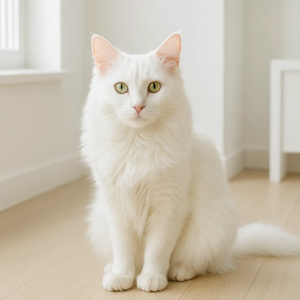 Enjoy an online jigsaw puzzle designed for browser play, featuring a beautiful white cat as the main subject in a cozy indoor scene.