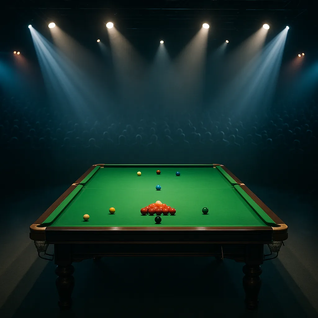 This online jigsaw puzzle features a dramatic billiards scene set on a green snooker table under bright stage lights, perfect for sports and game lovers.