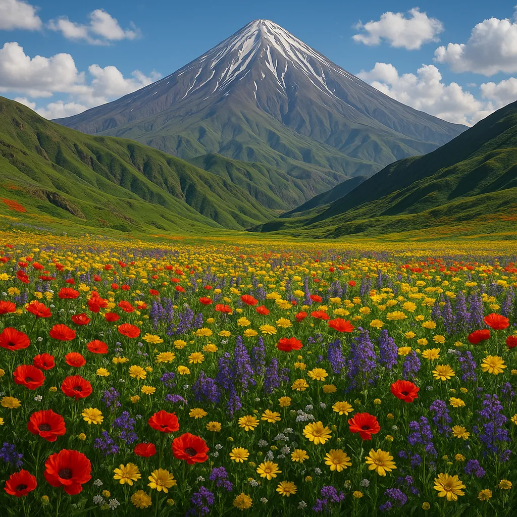 Here’s an online jigsaw puzzle you can play in your browser, focused on a vibrant nature scene of a flower-filled meadow beneath a towering mountain.