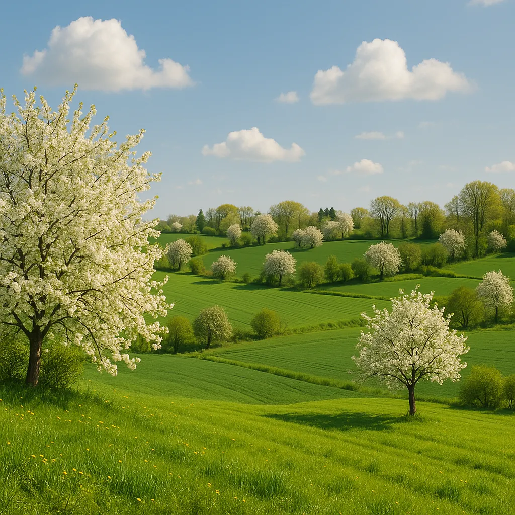 Enjoy an online jigsaw puzzle designed for browser play, featuring a serene spring countryside scene of rolling green fields and blooming trees.