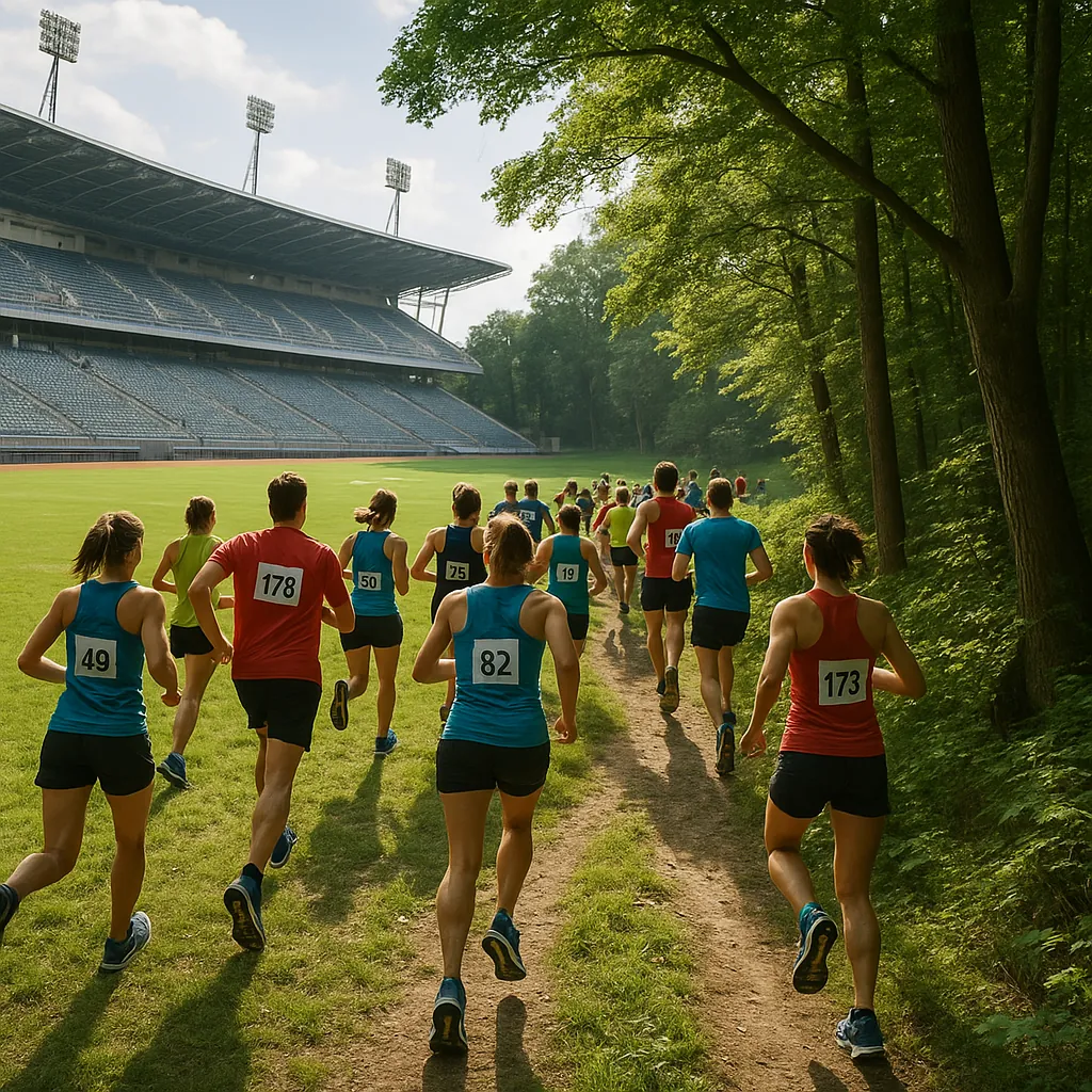 This online jigsaw puzzle features a lively outdoor sports scene of runners heading along a shaded trail beside a stadium, perfect for browser play.